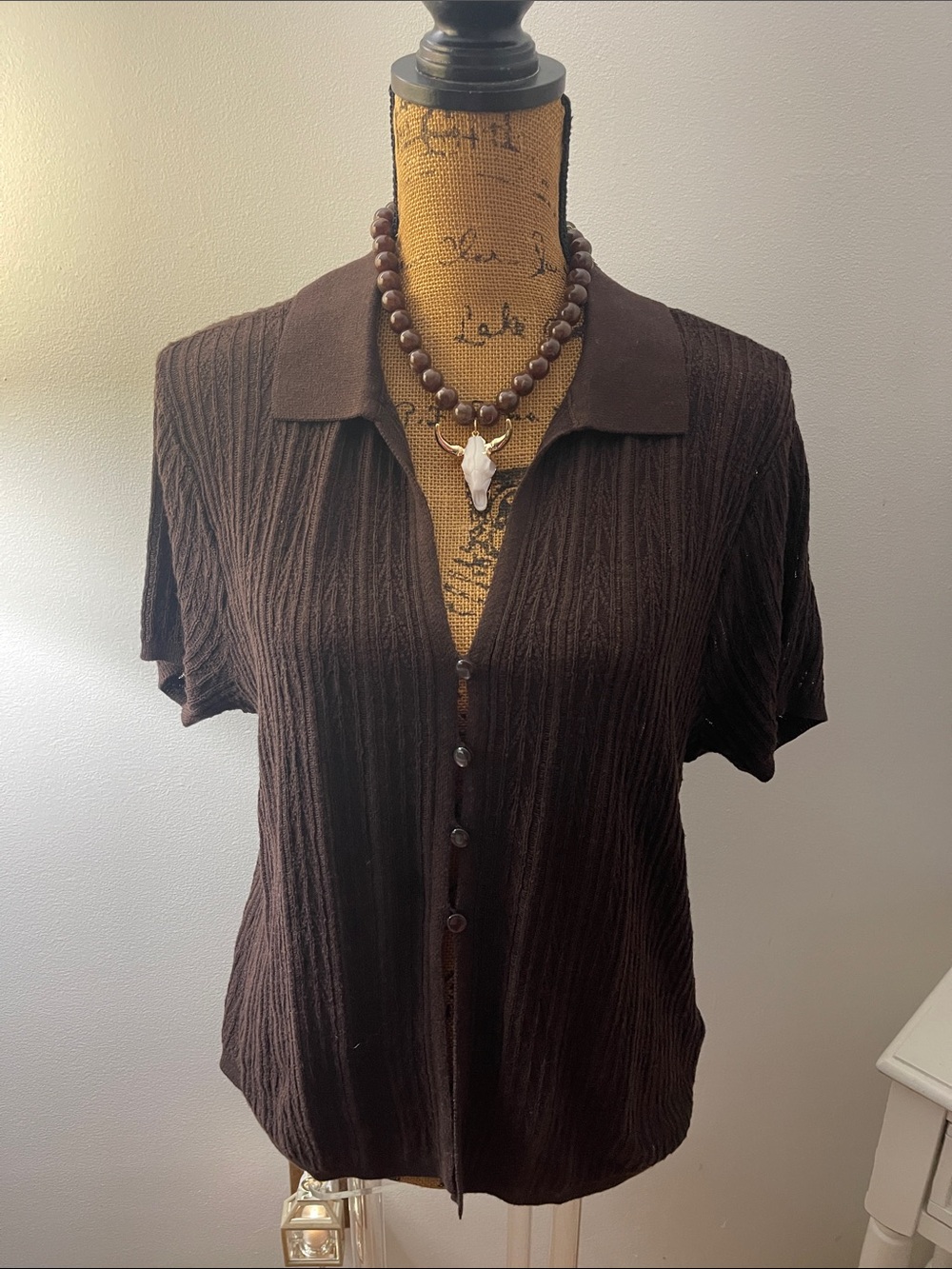 Wild Fable Brown Short-Sleeve Button Front Knit Top